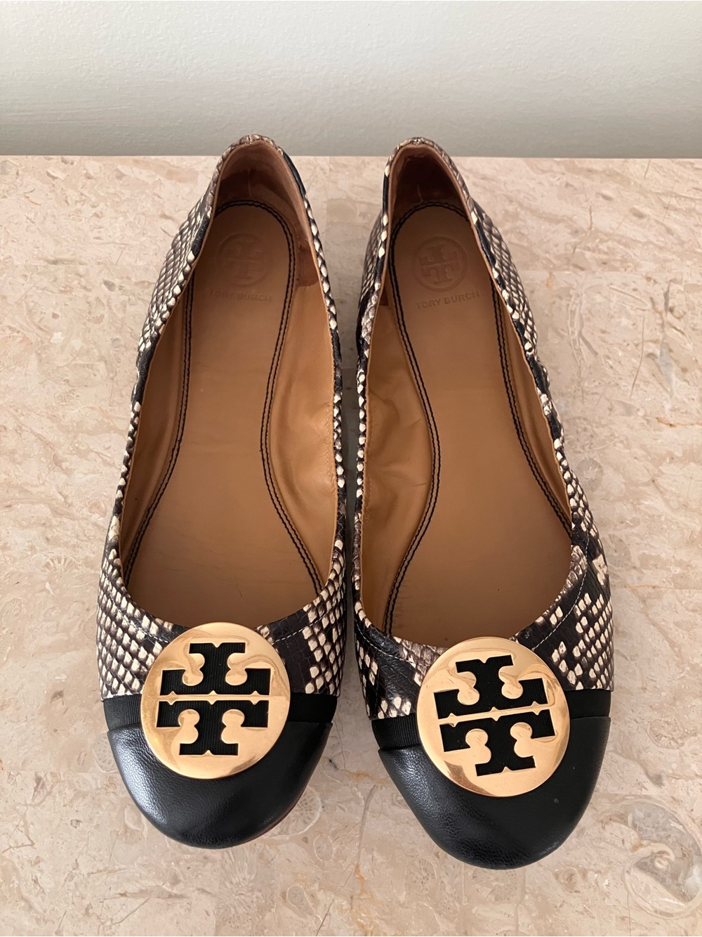 Tory Burch Minnie Black & Brown Python -Pattern Leather Logo Ballet Flats